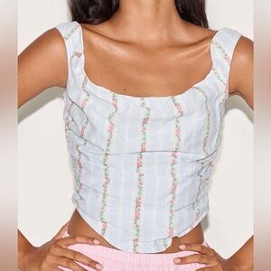 PrettyLittleThing Pastel Blue Stripe Ditsy Print Ruched Corset Top NEW